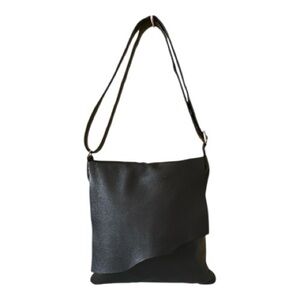 ILI New York Large Canada Raw Edge Flap Messenger Bag Black Pebble Leather